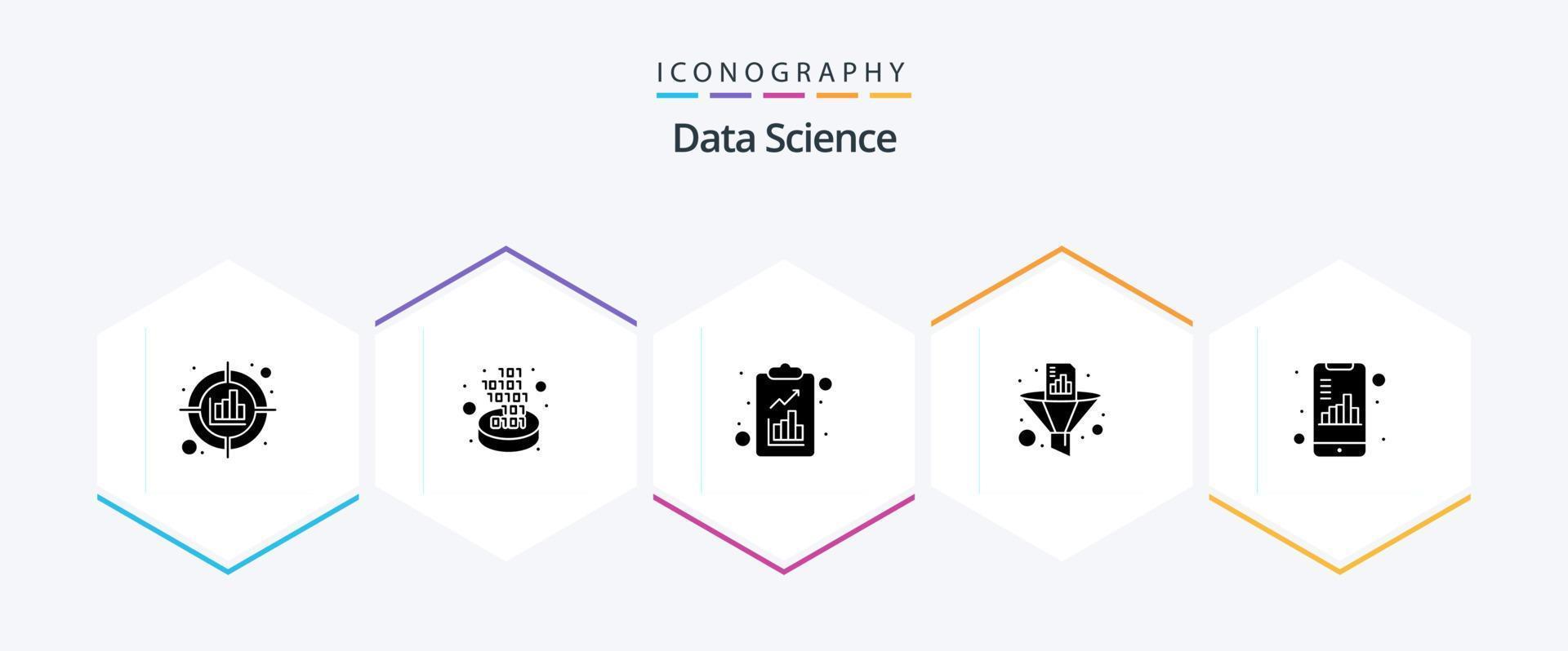 Data Science 25 Glyphen-Icon-Pack inklusive Trichter. dokumentieren. Tor. Datenfilter. Wissenschaft vektor