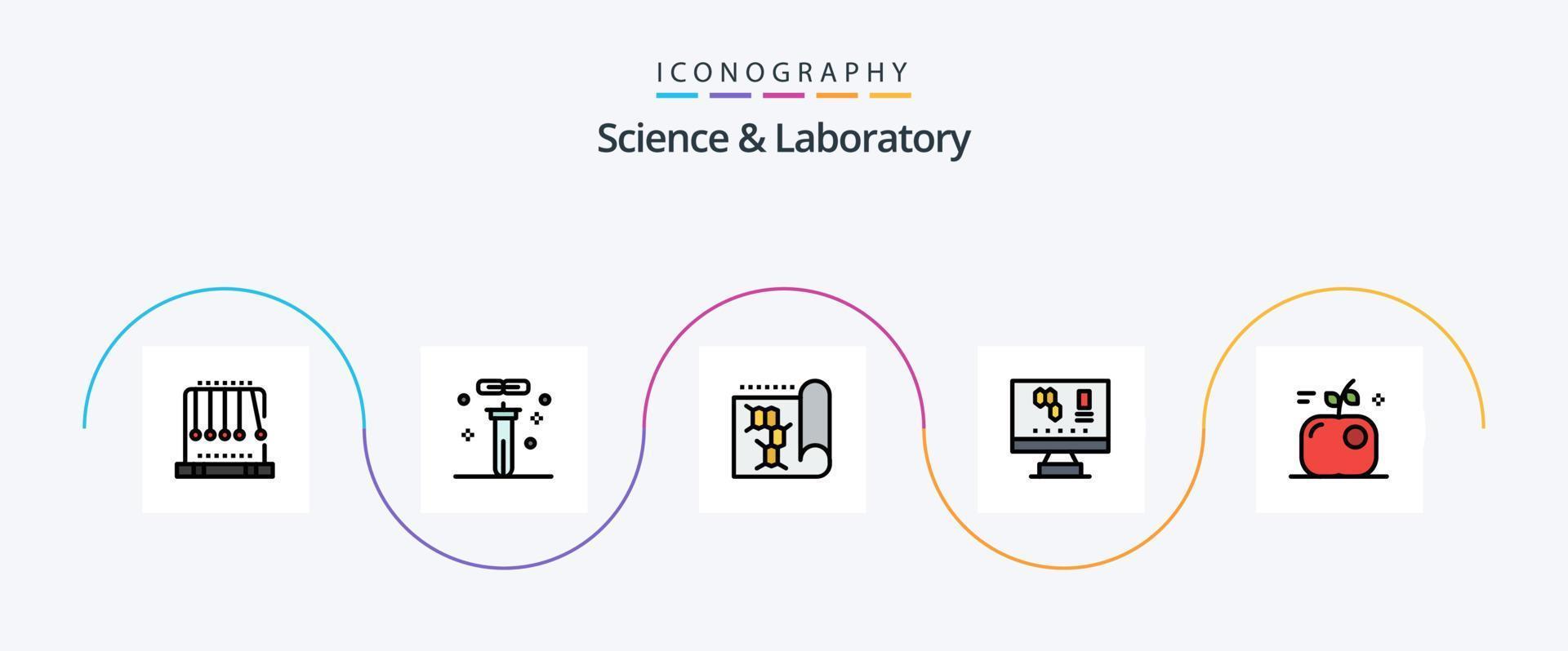 Wissenschaftslinie gefülltes flaches 5-Icon-Paket einschließlich Apfel. Labor. Wissenschaft. Computer. Wissenschaft vektor