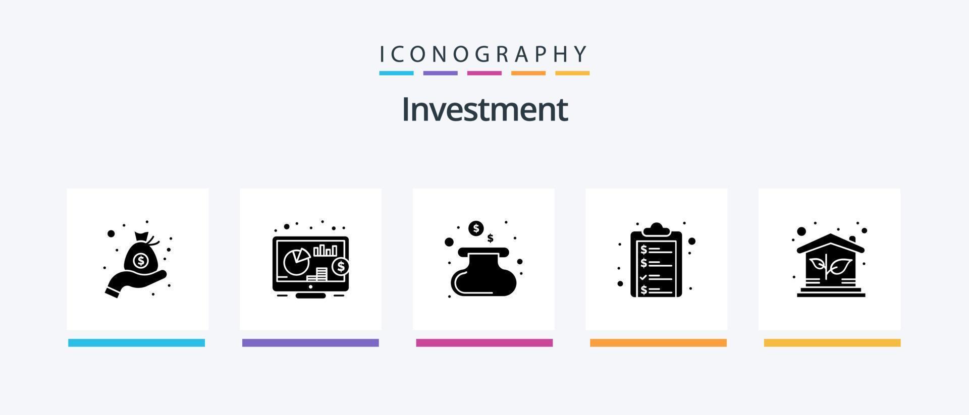 investering glyf 5 ikon packa Inklusive fast egendom. hus. pengar. eko. lista. kreativ ikoner design vektor