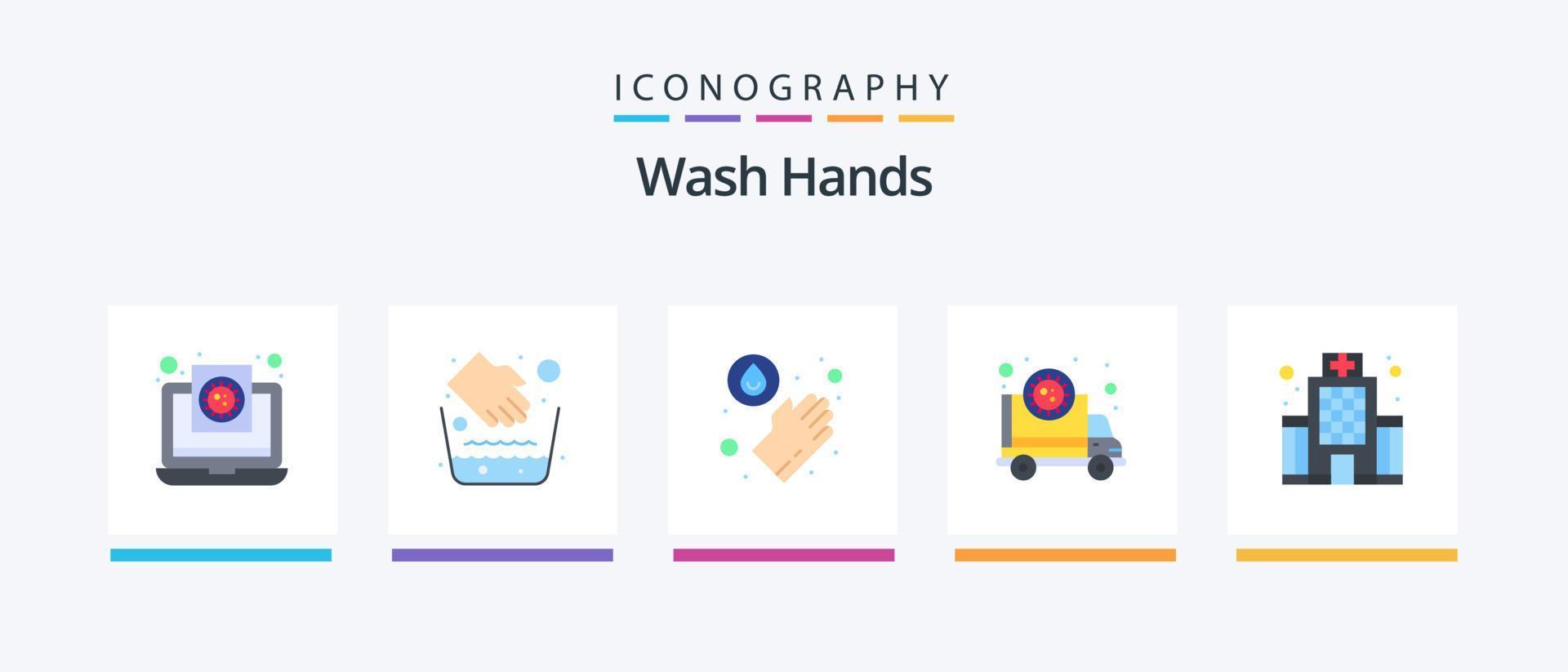 Hände waschen flach 5 Icon Pack inklusive Gebäude. Übertragung. Wasserschale. Pandemie. Krankenwagen. kreatives Symboldesign vektor
