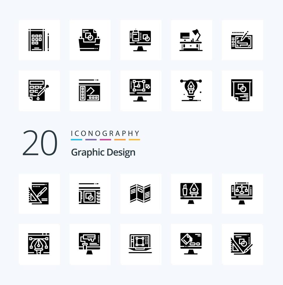 20 Solid-Glyphen-Icon-Pack für Grafikdesign wie Ordnerdaten für Bürotisch-Tischlampen vektor