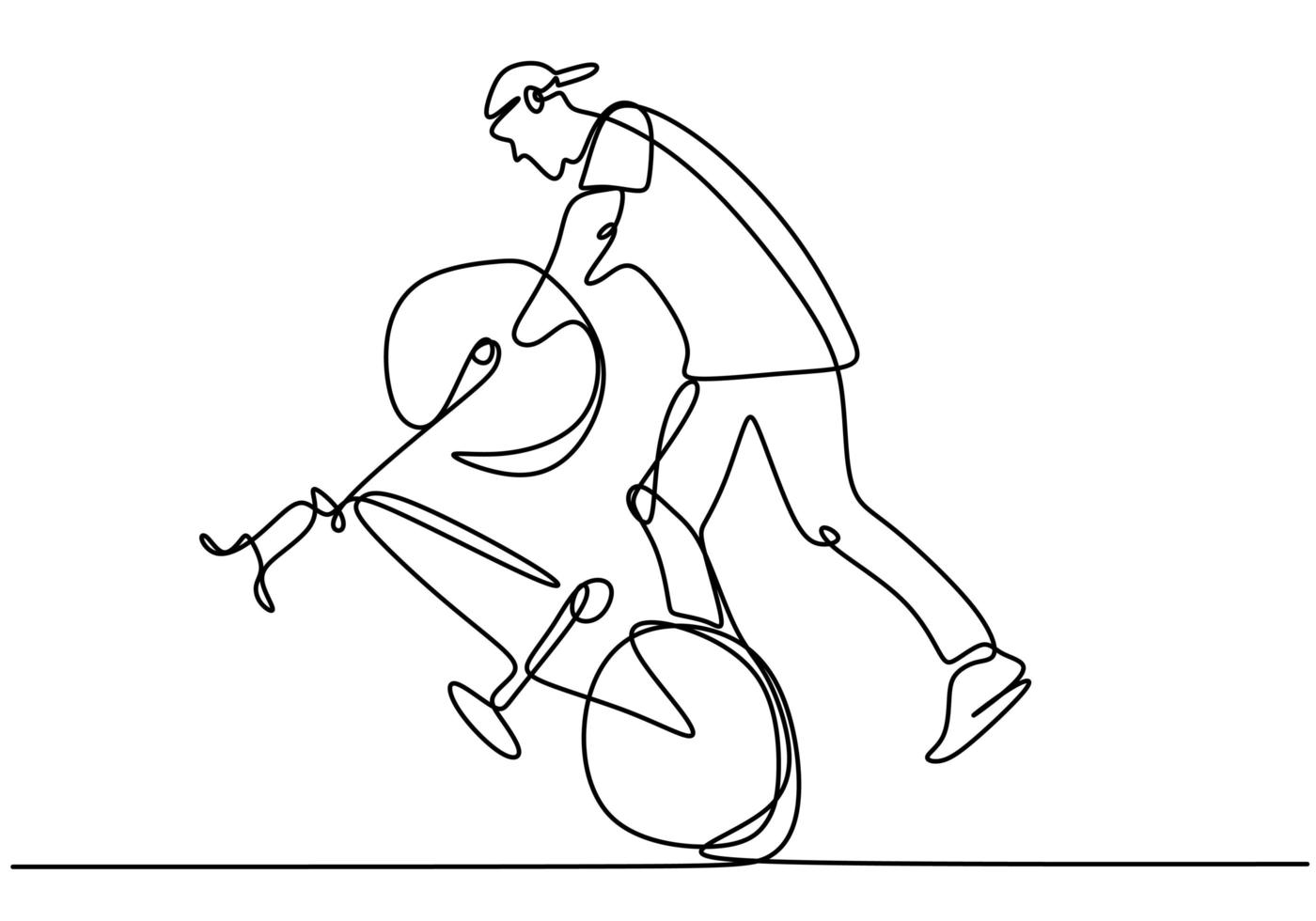 enda kontinuerlig linje ritning av ung cykel ryttare visa freestyle stå på en cykel extremt riskabelt trick. en linje rita design vektorillustration för freestyle vektor