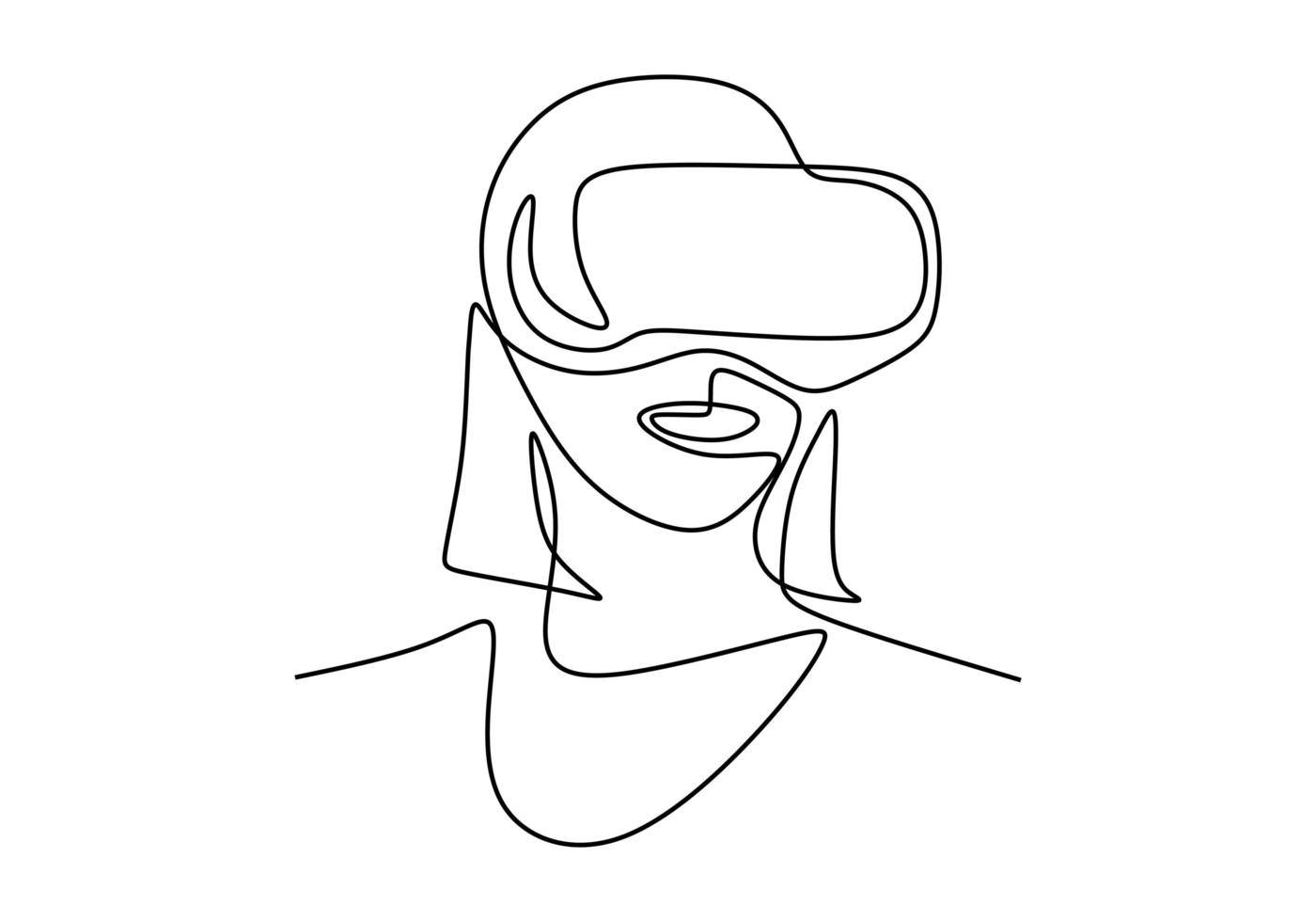 kontinuierliche Strichzeichnung des Mädchens, das eine Brille der virtuellen Realität trägt. minimalistischer Entwurf der Vektorillustration, einfache Konturhand gezeichnet lokalisiert auf weißem Hintergrund. vektor