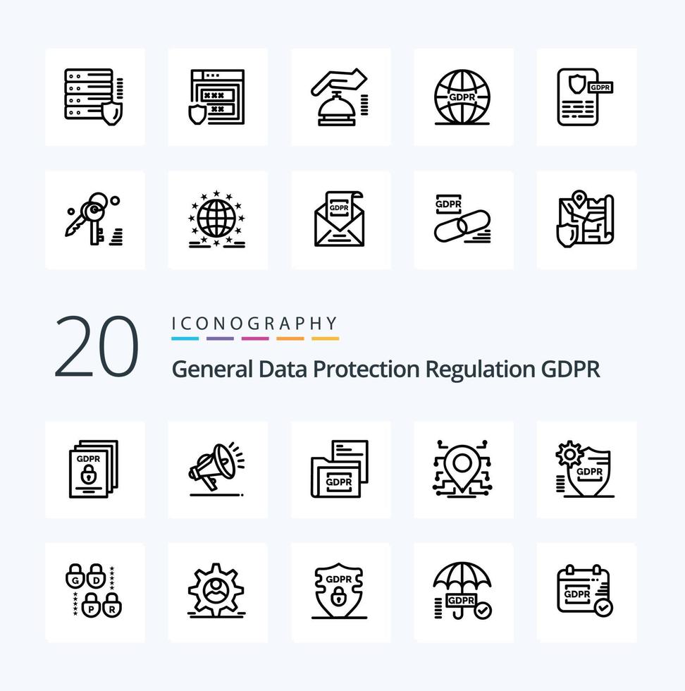 20 gdpr-Zeilen-Icon-Pack wie Speicherort gdpr-Sicherheitsordnerdokument vektor