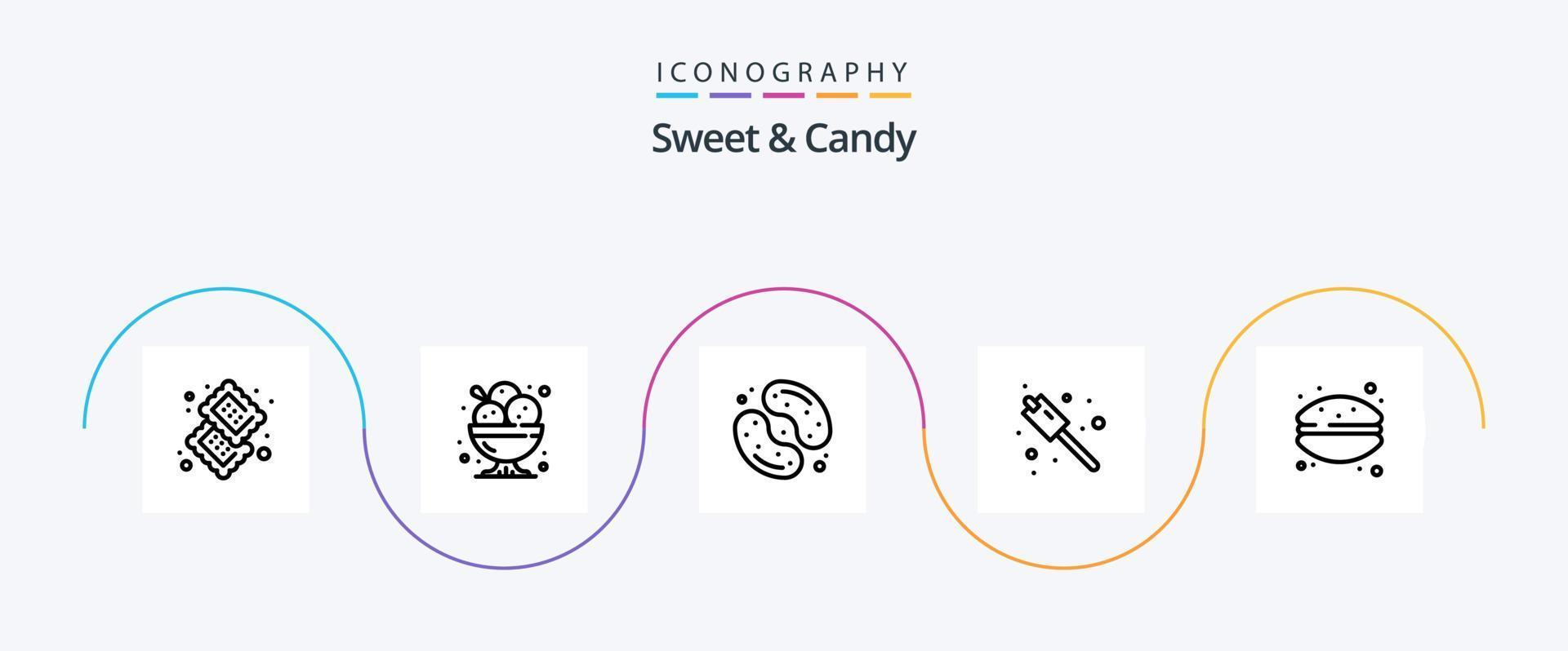 ljuv och godis linje 5 ikon packa Inklusive sötsaker. camping. is grädde. gelé varit. mat vektor