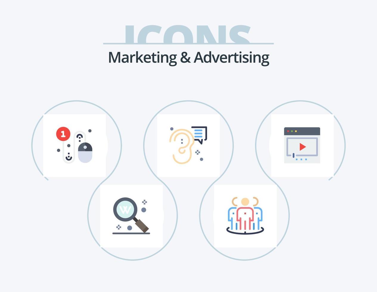 Marketing und Werbung Flat Icon Pack 5 Icon Design. Ohr. summen. Gruppe. Pay-per-Click. klicken vektor