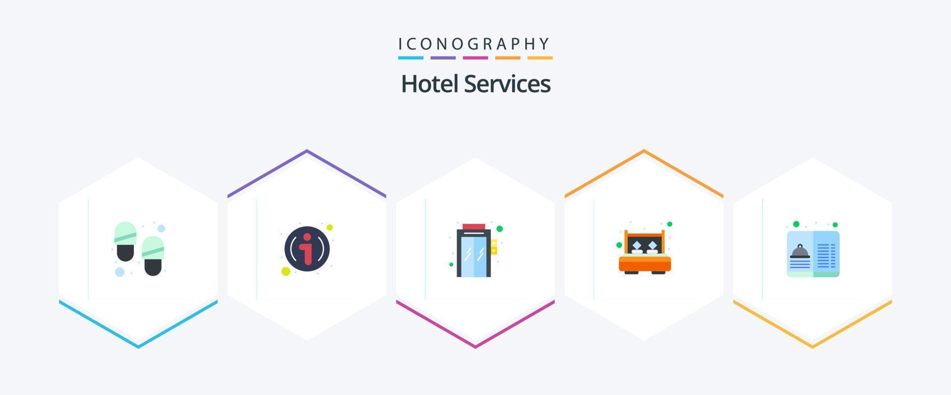 hotell tjänster 25 platt ikon packa Inklusive resa. meny. hiss. hotell. rum vektor