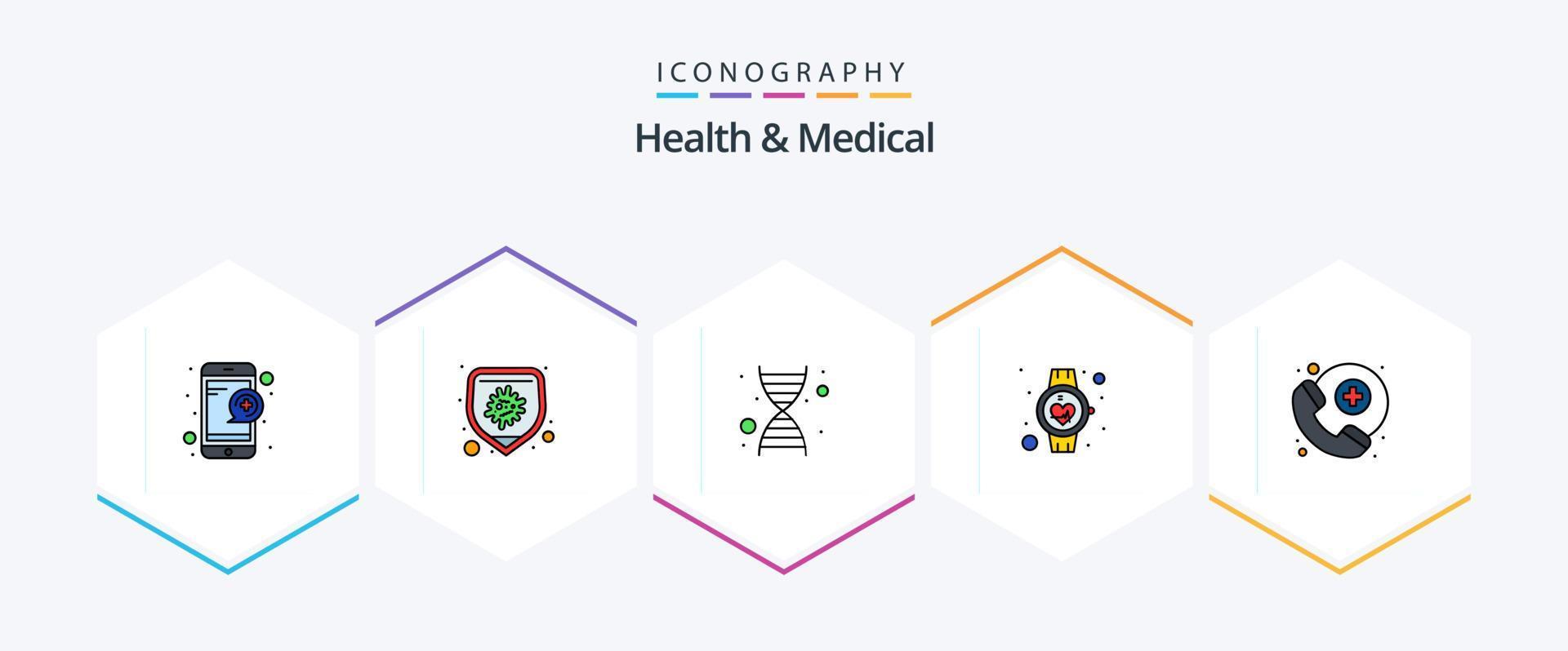 hälsa och medicinsk 25 fylld linje ikon packa Inklusive medicinsk bistånd. smart Kolla på. dna. puls. sjukvård vektor