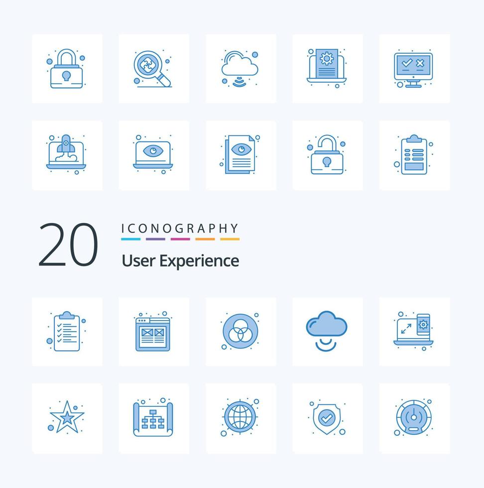 20 Benutzererfahrung blaues Symbolpaket wie mobile Computer-Drahtrahmen-WLAN-Cloud vektor