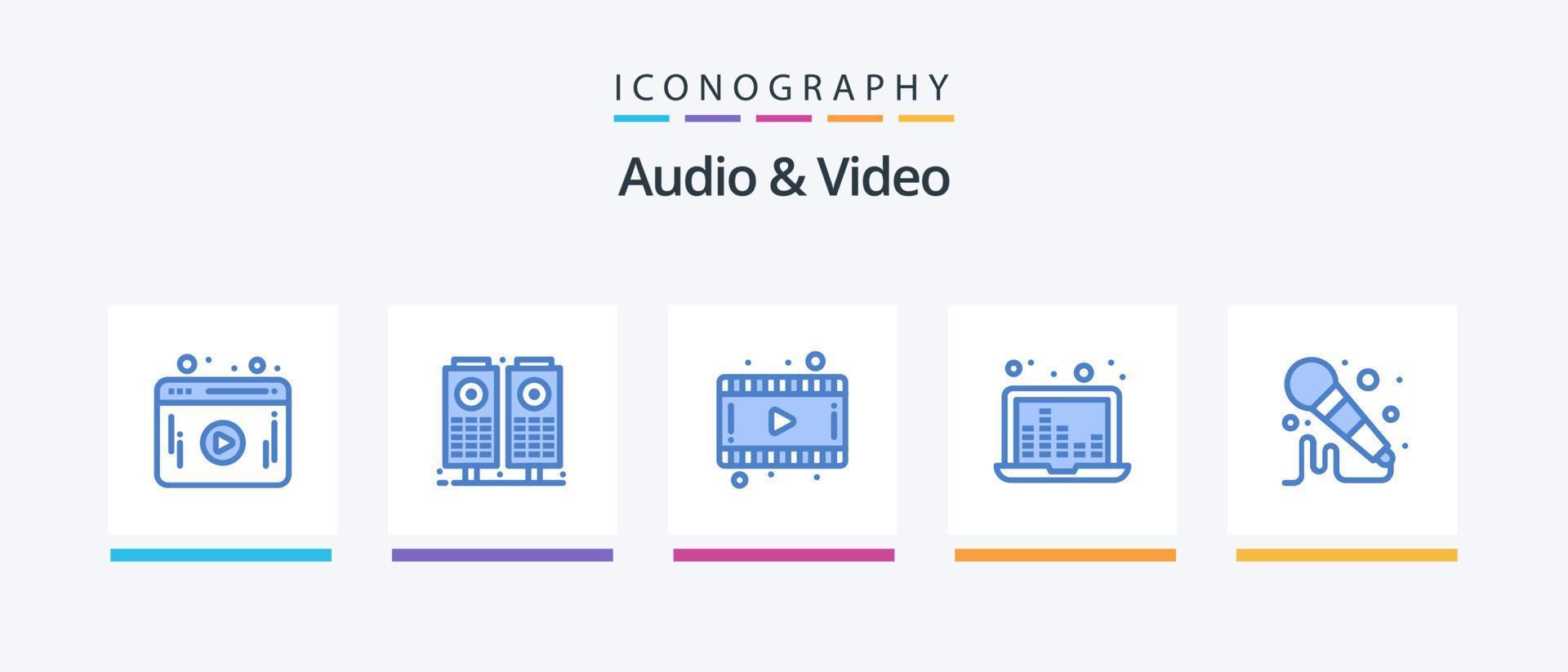 audio och video blå 5 ikon packa Inklusive . ljud. video. mikrofon. ljud vågor. kreativ ikoner design vektor