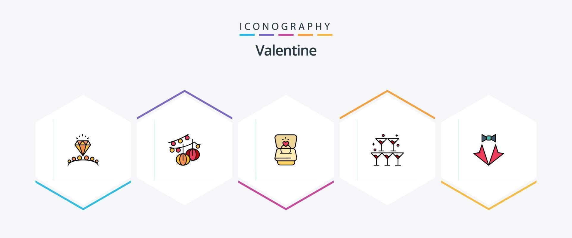 Valentine 25 Filledline Icon Pack inklusive Herz. Hochzeit. Ring. Herz. Glas vektor