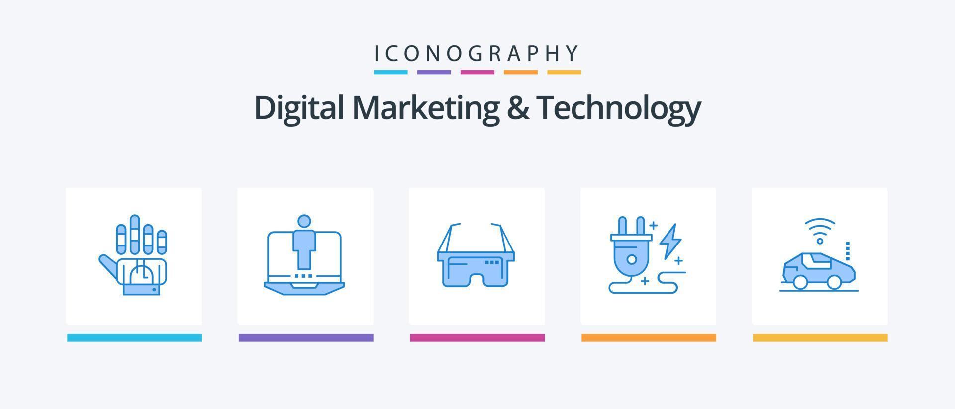 digital marknadsföring och teknologi blå 5 ikon packa Inklusive bil. natur. virtuell. kraft. energi. kreativ ikoner design vektor