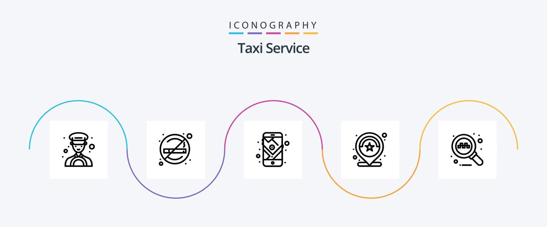 Taxi-Service-Line-5-Icon-Pack inklusive Suche. Sterne. Handy, Mobiltelefon. Rezension. Nummer vektor