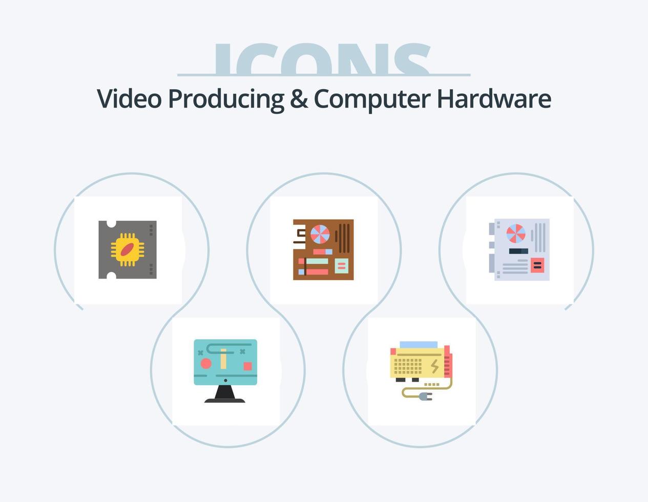 Videoproduktion und Computerhardware Flat Icon Pack 5 Icon Design. Mutter. hauptsächlich. Quelle. Computer. Prozessorchip vektor