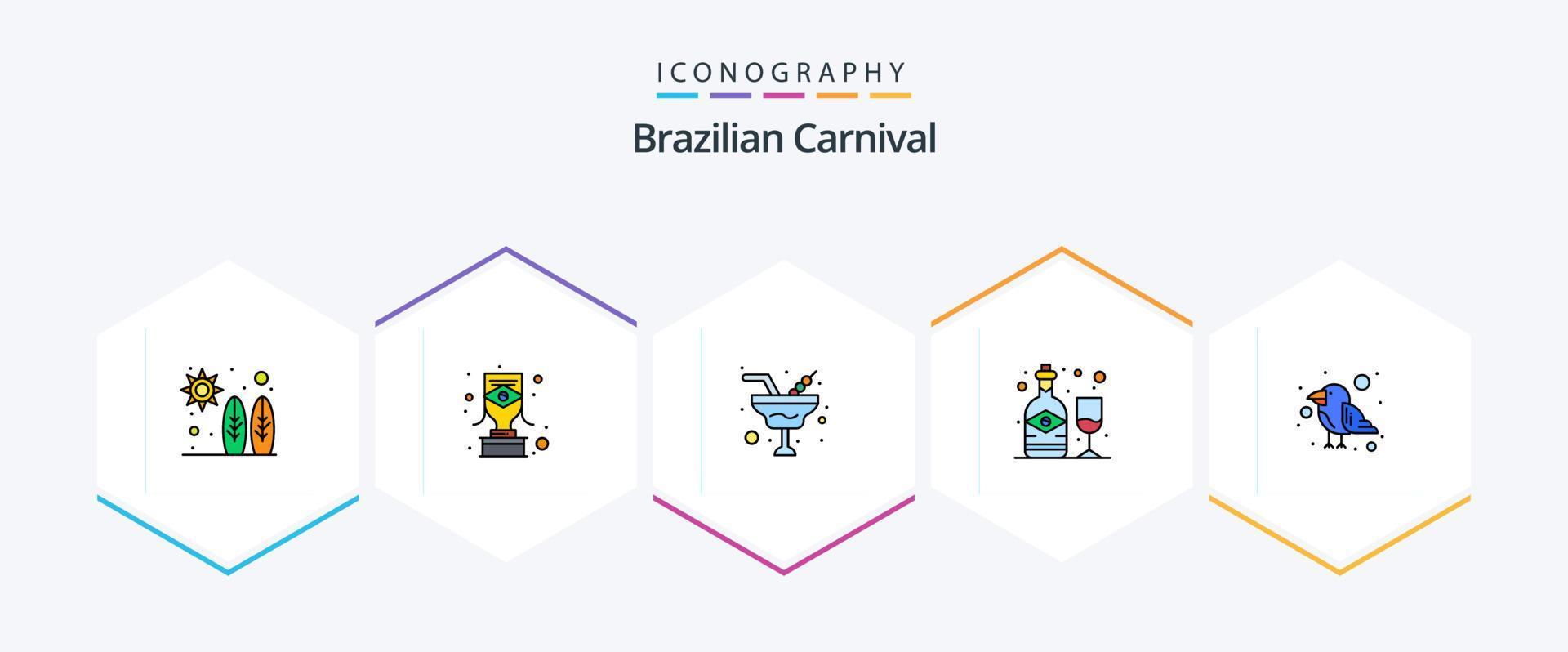 brasiliansk karneval 25 fylld linje ikon packa Inklusive papegoja. glas. champagne. vin. alkohol vektor