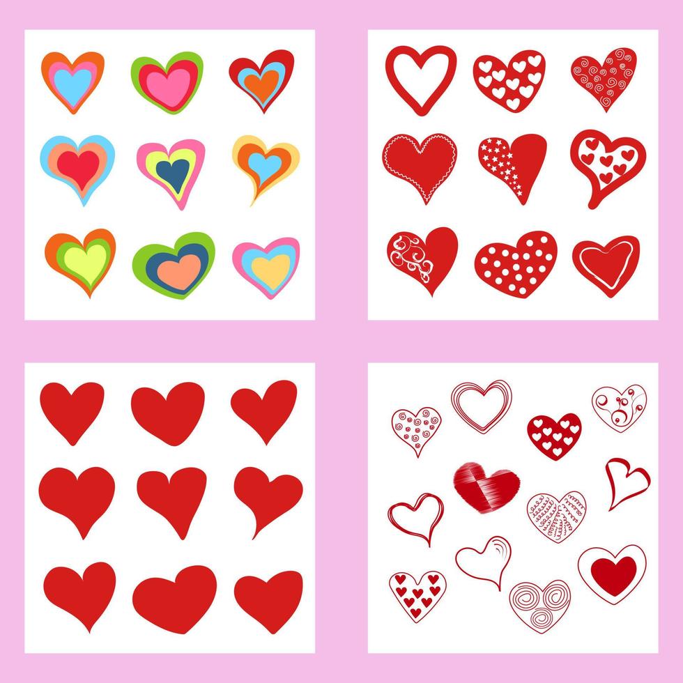 en uppsättning av hjärtan, färgad, röd, i annorlunda storlekar. hjärtan för de design av vykort, banderoller, affischer. vektor