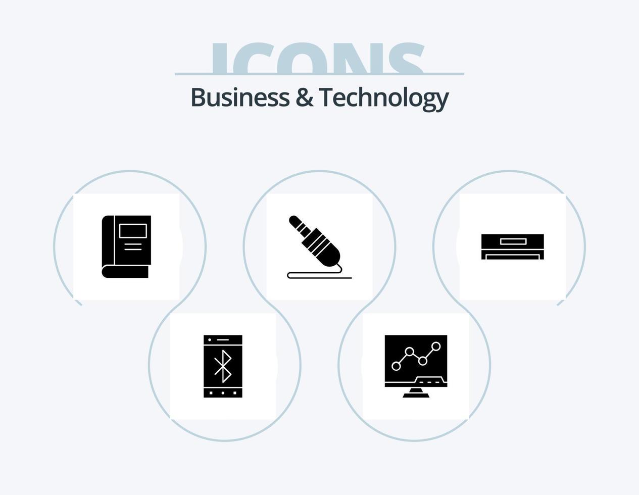 företag och teknologi glyf ikon packa 5 ikon design. kyl. teknologi. bok. stift. audio kabel- vektor