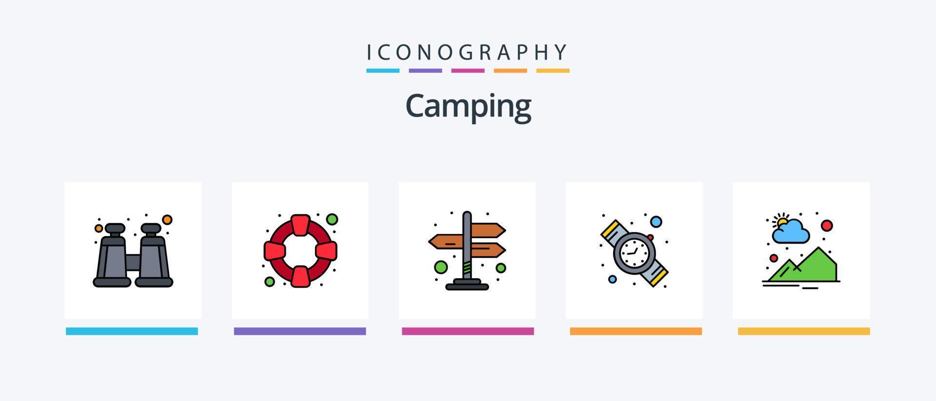 Camping Line gefüllt 5 Icon Pack inklusive. Sonnenaufgang. Fackel. Sonne. Landschaft. kreatives Symboldesign vektor