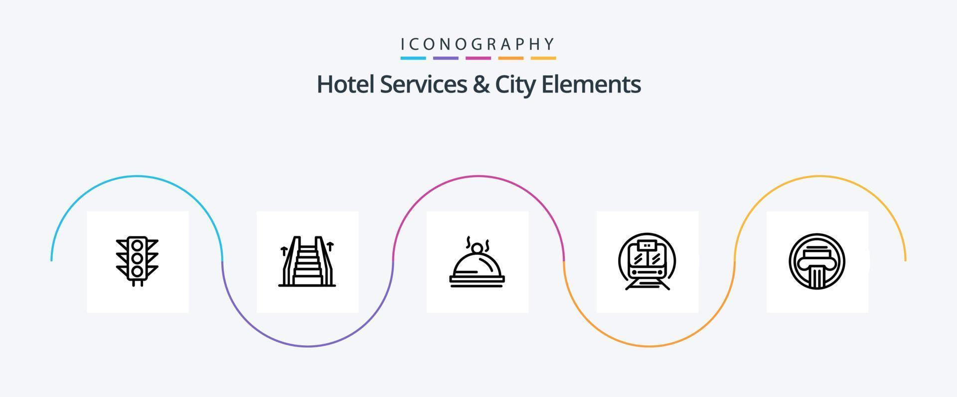 Hotelservices und City Elements Line 5 Icon Pack inklusive Architektur. öffentlich. Hotel . Trian. Schnellzug vektor