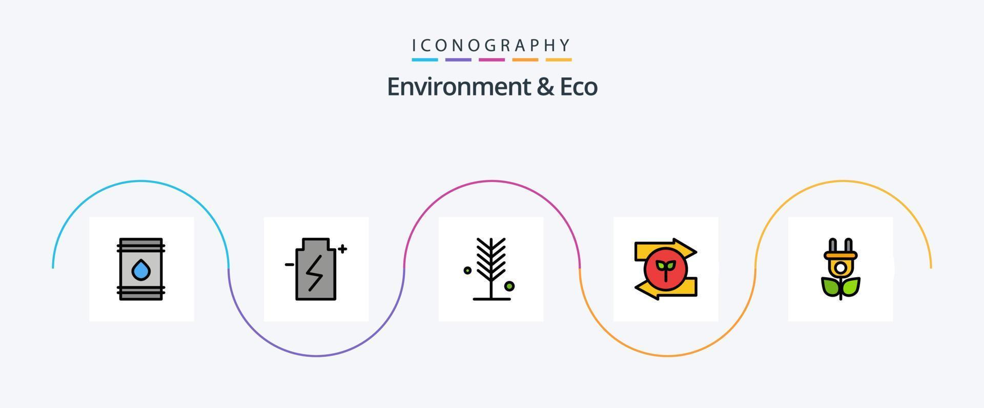 miljö och eco linje fylld platt 5 ikon packa Inklusive höger. pil. energi. träd. natur vektor