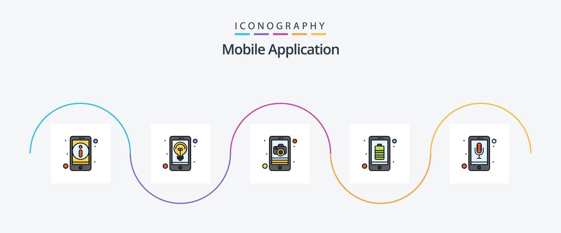 mobile anwendungszeile gefüllt flach 5 symbolpaket einschließlich mobiler recorder. Handy, Mobiltelefon. Anwendung. voll. App vektor