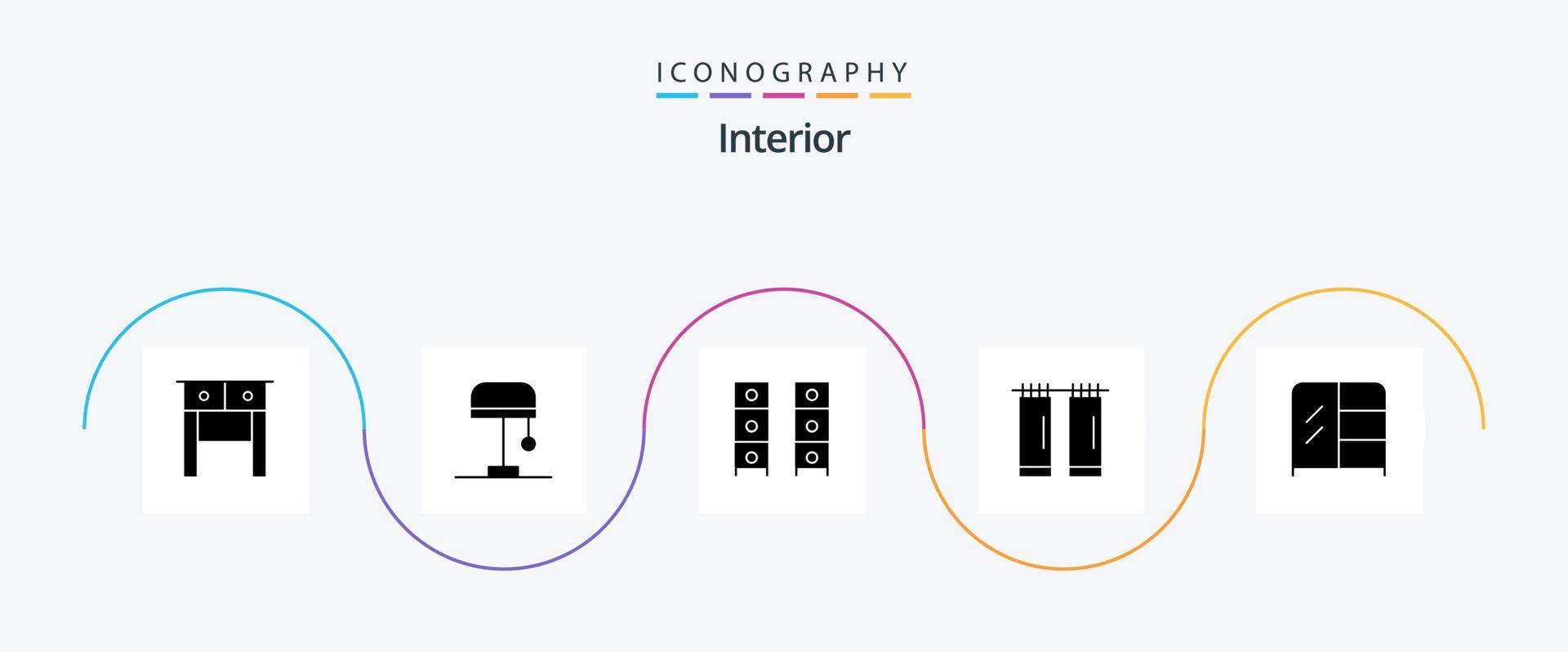 interiör glyf 5 ikon packa Inklusive . interiör. interiör. möbel. gardiner vektor