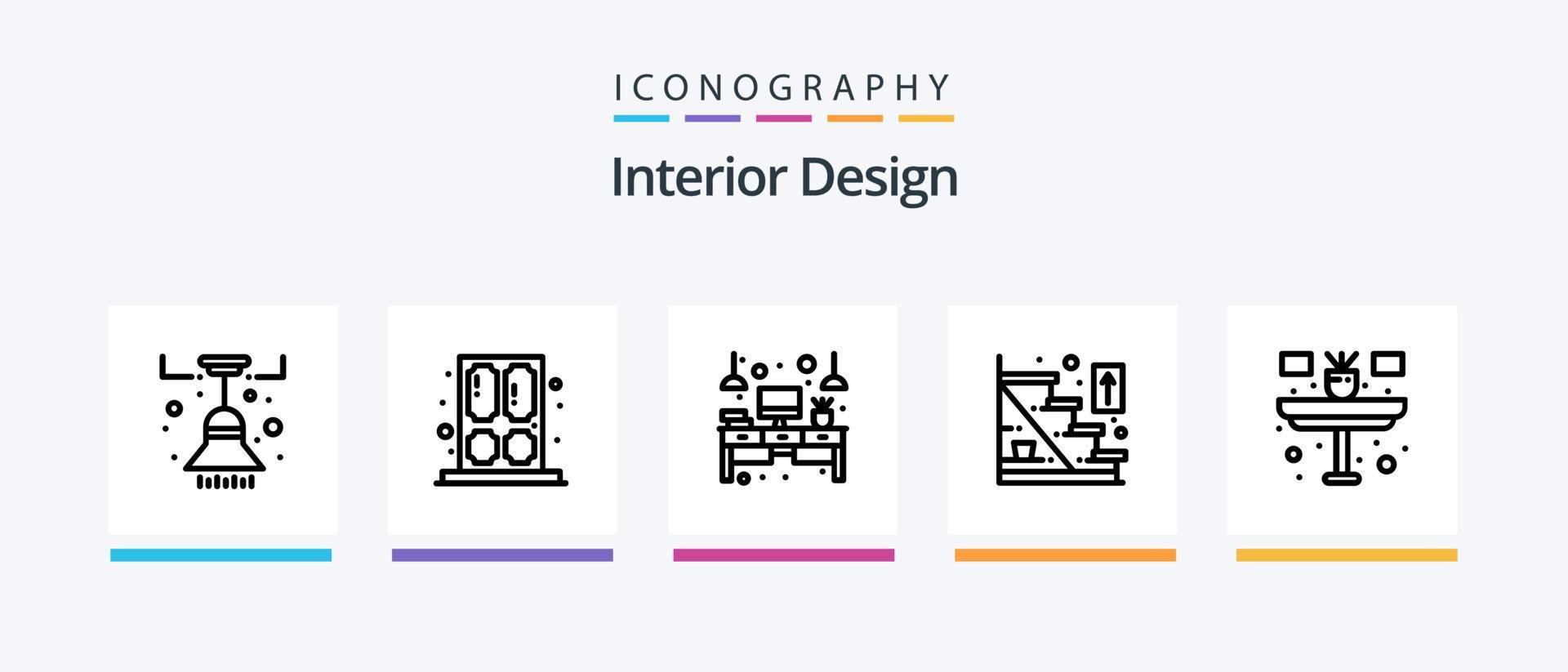 interiör design linje 5 ikon packa Inklusive tabell. blomma. lampa. skrivbord. öppen spis. kreativ ikoner design vektor