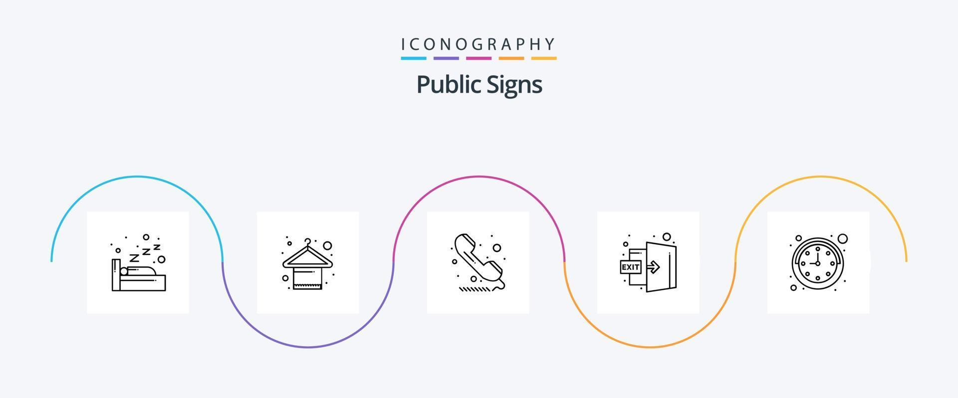 öffentliche Schilder Linie 5 Icon Pack inklusive Zeit. aus. Telefon. Ausloggen. Tür vektor