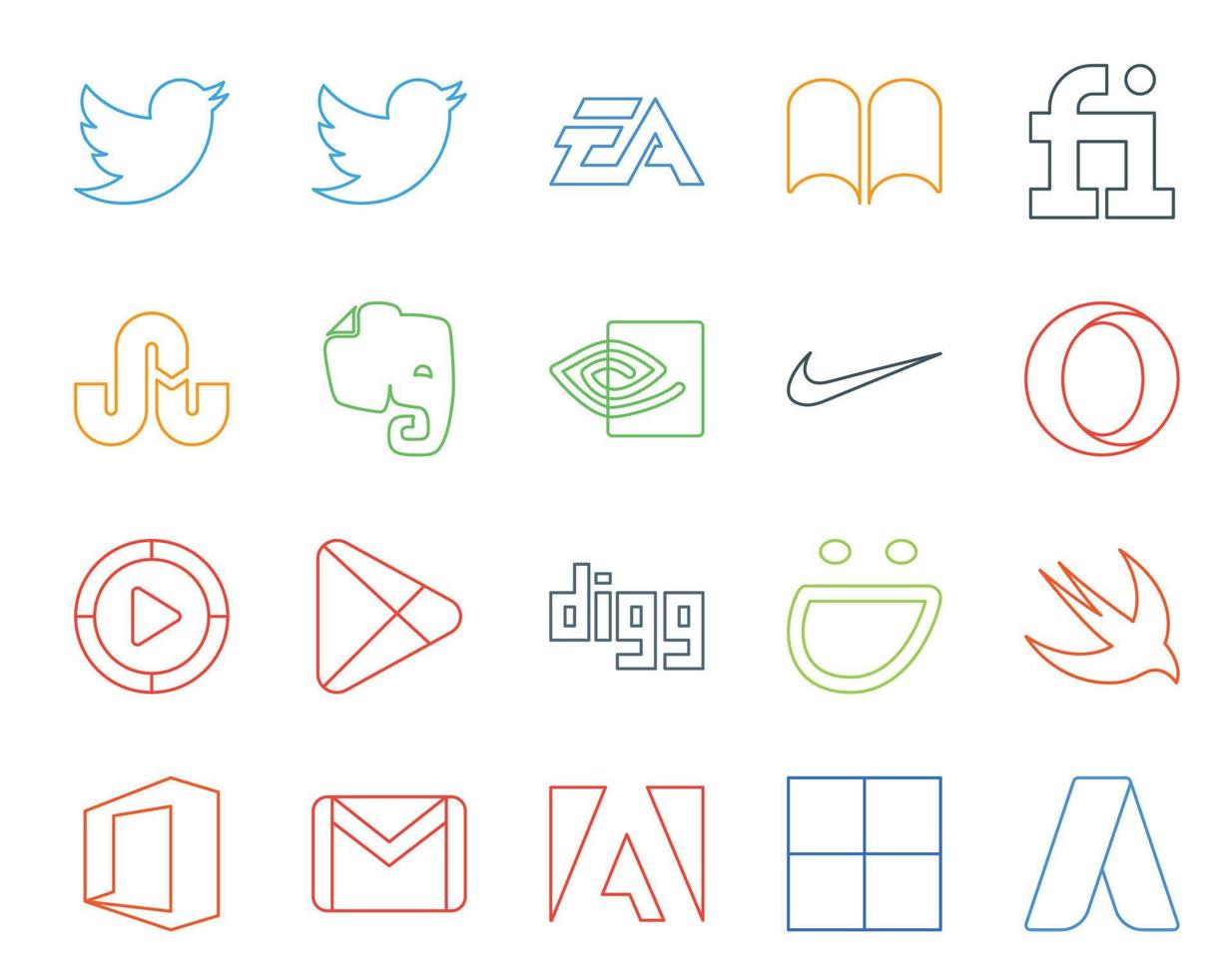 20 Social-Media-Icon-Packs, einschließlich Smugmug-Apps, Evernote, Google Play, Windows Media Player vektor