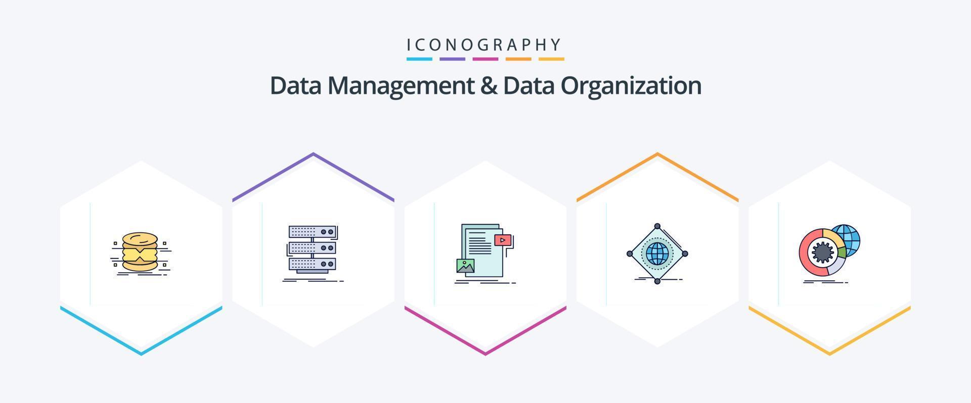 data förvaltning och data organisation 25 fylld linje ikon packa Inklusive saker. iot. databas. hemsida. fil vektor