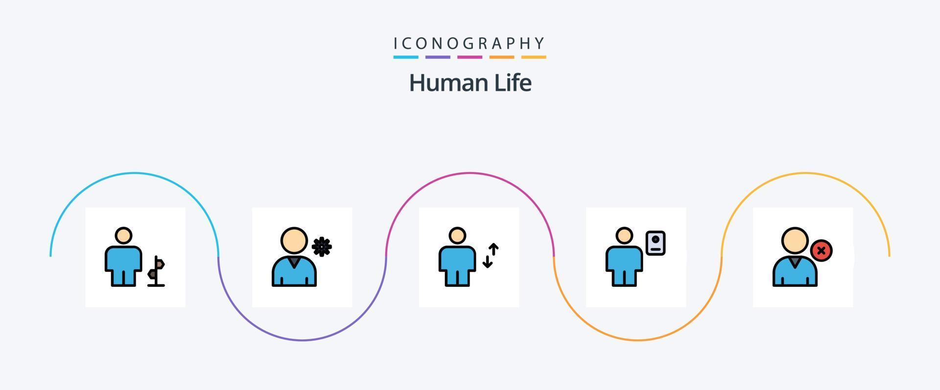 mänsklig linje fylld platt 5 ikon packa Inklusive profil. beskrivning. avatar. kropp. flytta vektor