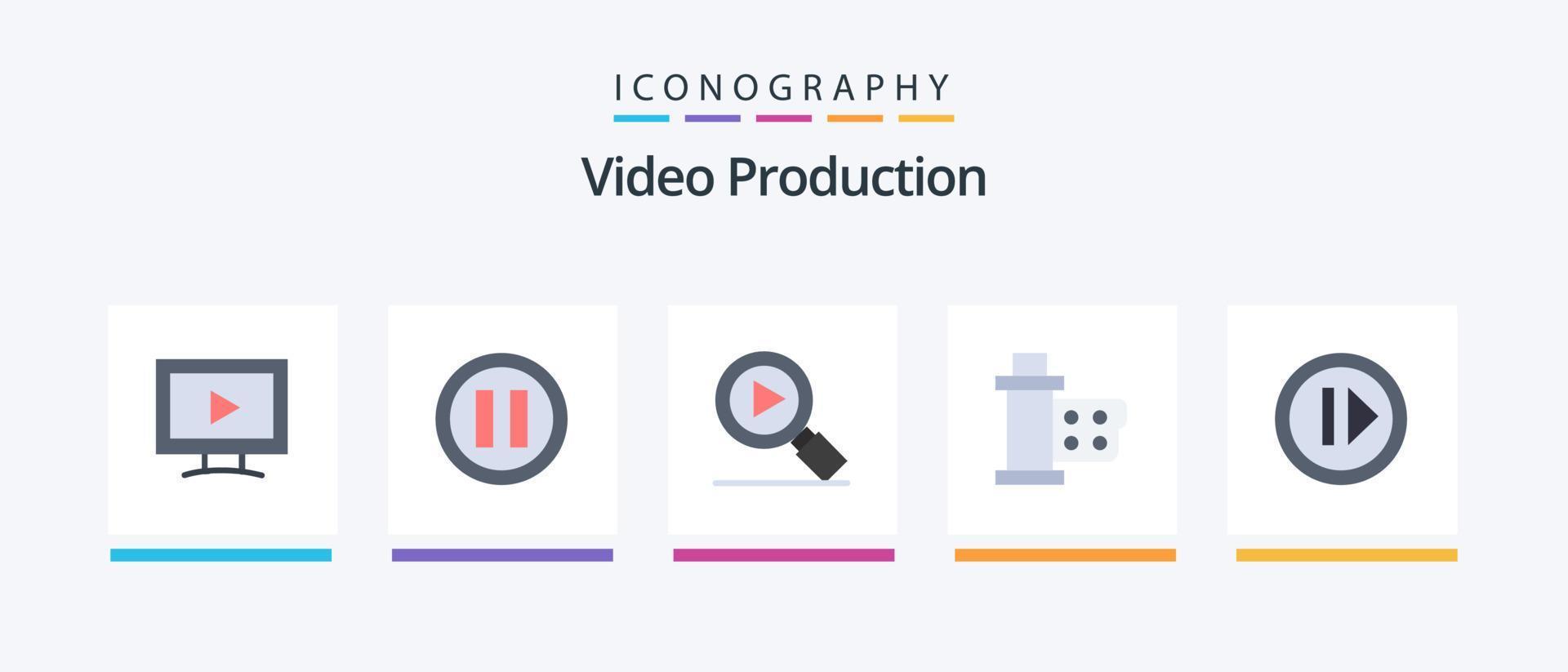 Videoproduktion Flat 5 Icon Pack inklusive Medien. Audio. suchen. Spule. Film. kreatives Symboldesign vektor