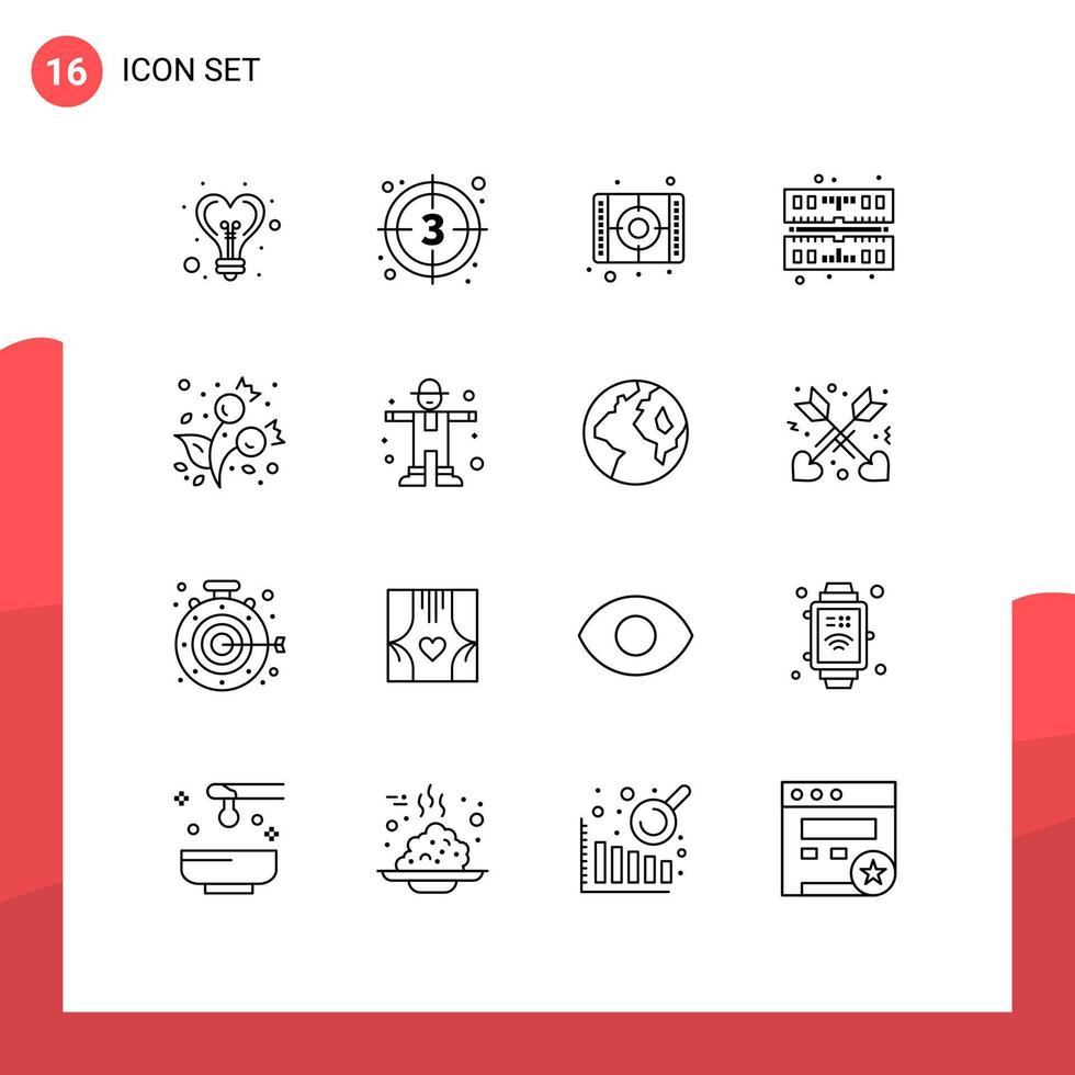 Gruppe von 16 skizziert Zeichen und Symbole für Beeren-RAM-Videospeicherfarbe editierbare Vektordesign-Elemente vektor