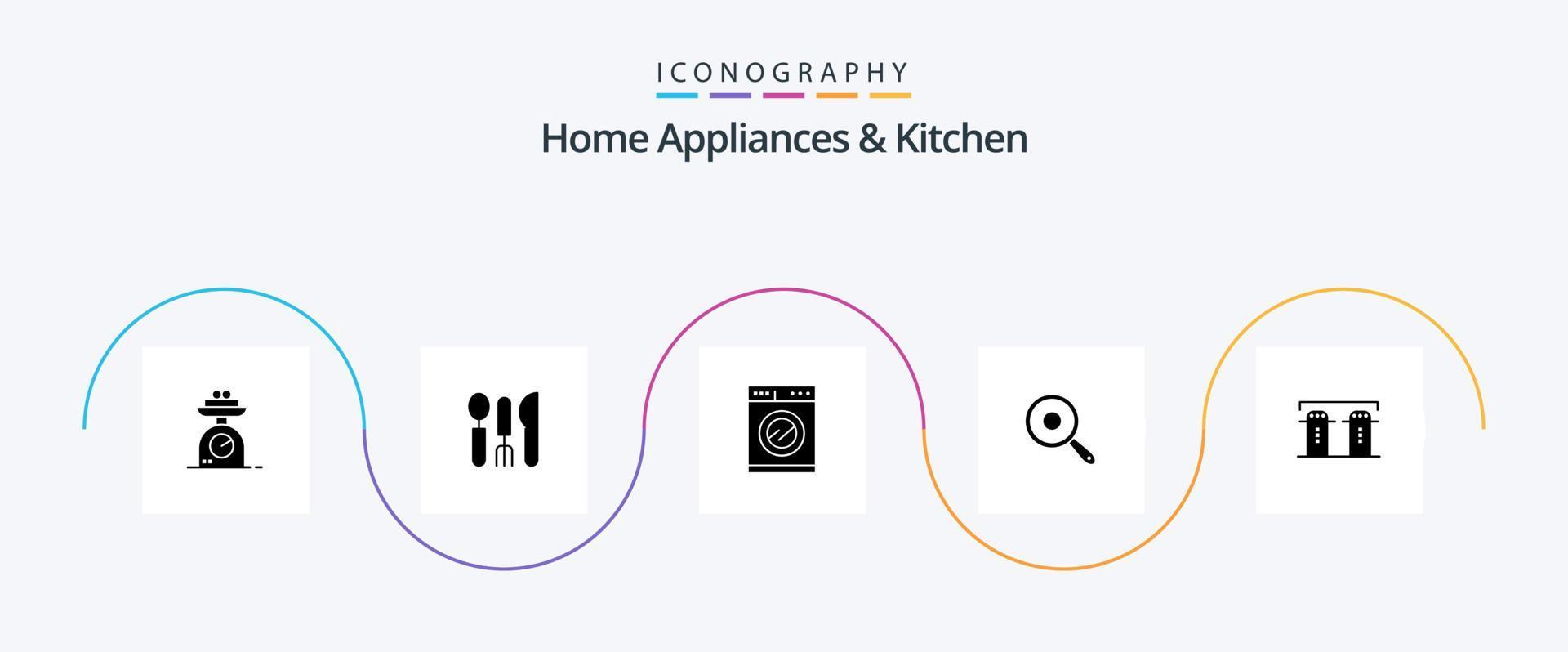 Haushaltsgeräte und Küche Glyph 5 Icon Pack inklusive Pfanne. heim. Service. Waschen. Küche vektor