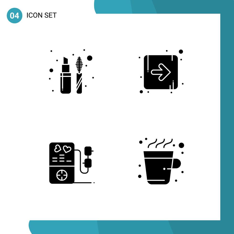 4 solides Glyph-Konzept für mobile Websites und Apps Lippen kleben Hochzeit Mascara rechte Tasse editierbare Vektordesign-Elemente vektor