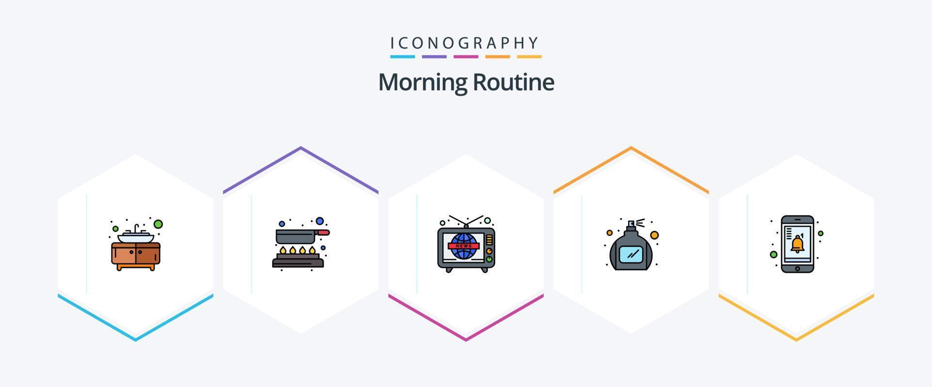 Morgenroutine 25 Filledline Icon Pack inklusive . Benachrichtigung. Fernsehen. Handy, Mobiltelefon. Parfüm vektor