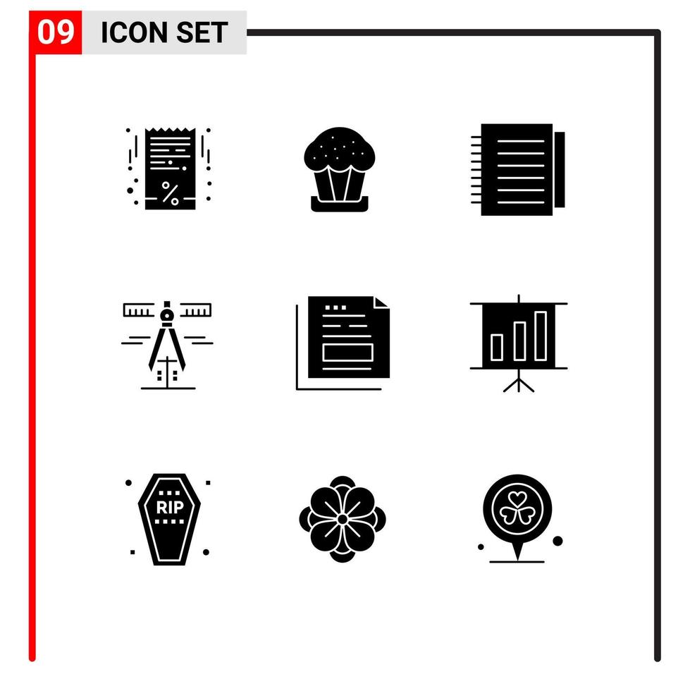 modern uppsättning av 9 fast glyfer pictograph av dokumentera mäta notera verktyg skjutmått redigerbar vektor design element