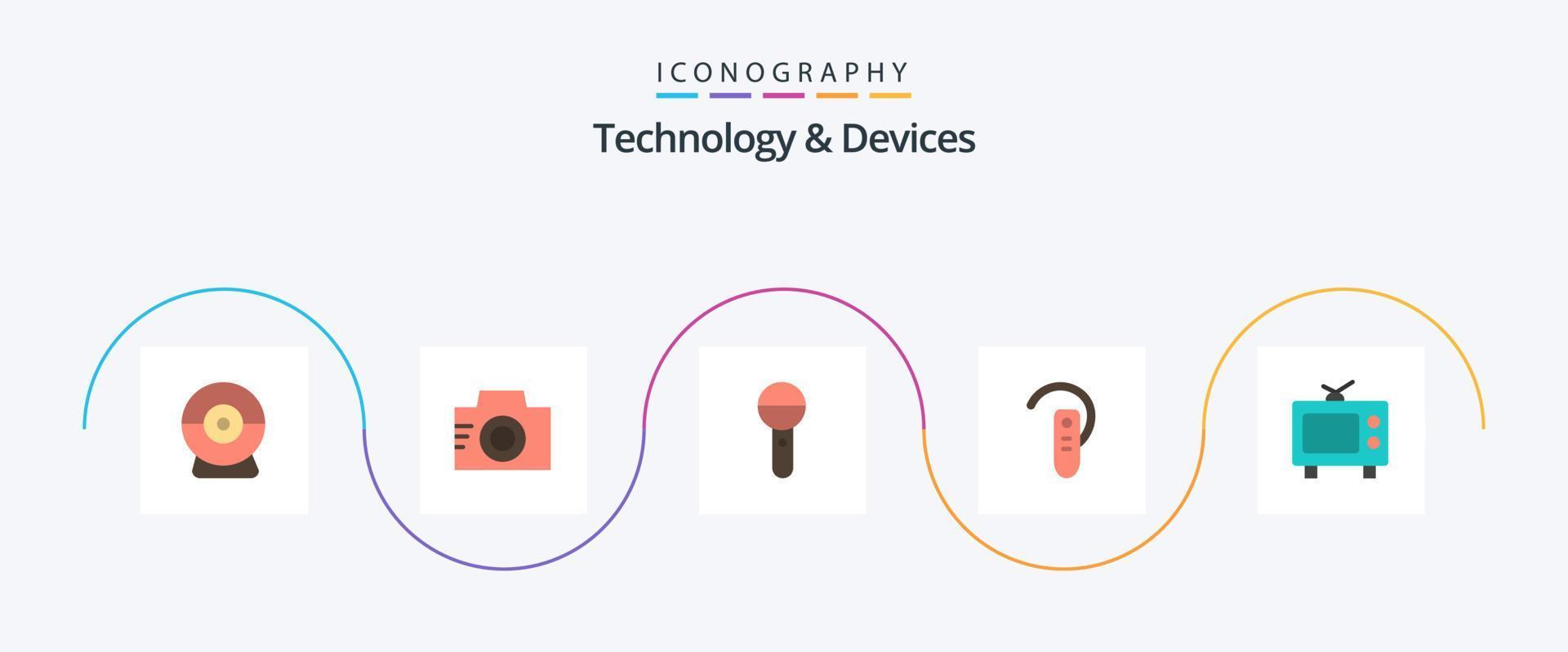 enheter platt 5 ikon packa Inklusive tv. hörlurar. mikrofon. öra. tillbehör vektor