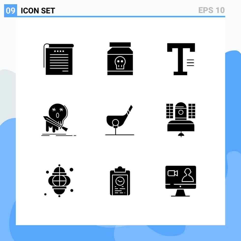 Benutzeroberflächenpaket mit 9 grundlegenden soliden Glyphen des Schwertspiels Toxic Frag Word editierbare Vektordesign-Elemente vektor