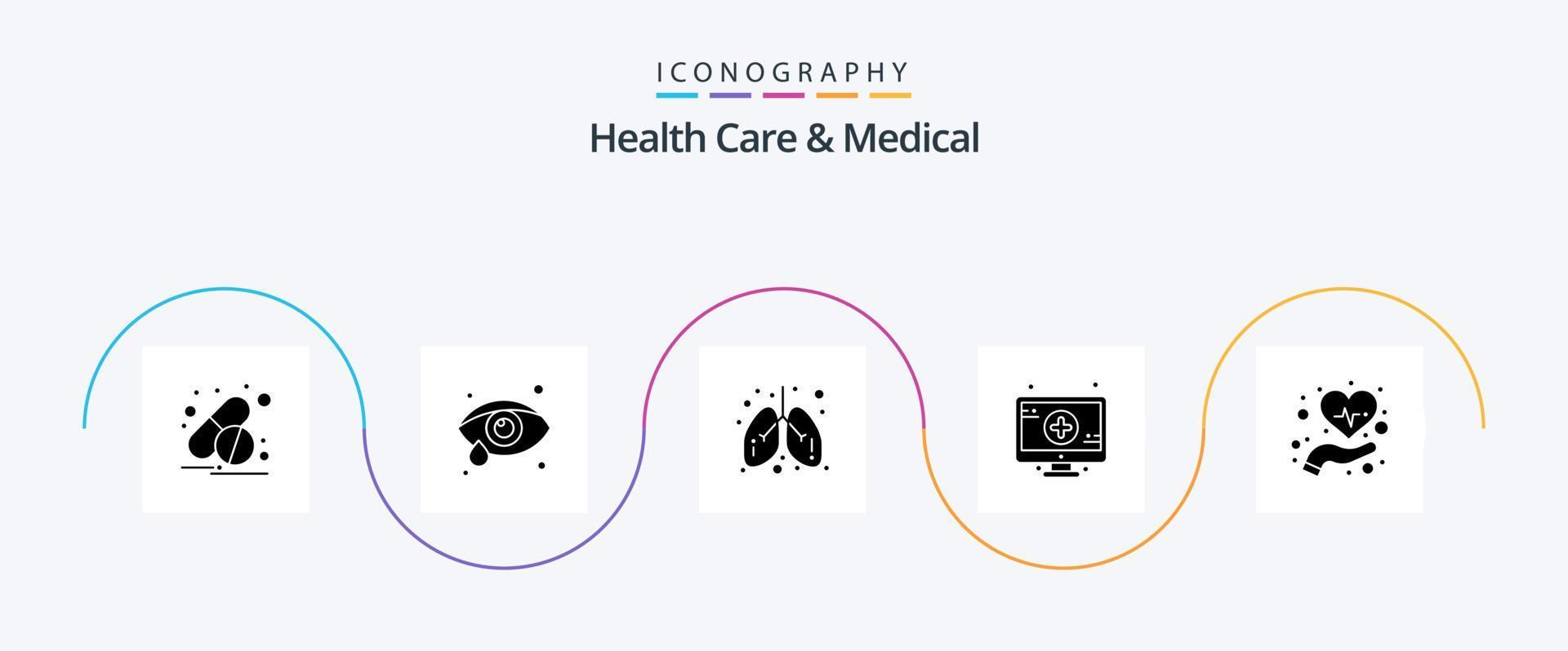 Gesundheitswesen und medizinisches Glyphen-5-Icon-Paket, einschließlich . Gesundheitspflege. Lunge. Gesundheit. Zeichen vektor
