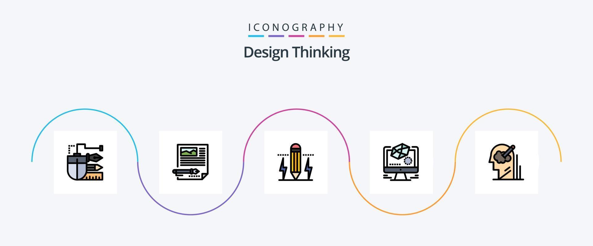 Design-Thinking-Line-Filled-Flat-5-Icon-Pack inklusive Modellierung. animiert. dokumentieren. Licht. bearbeiten vektor