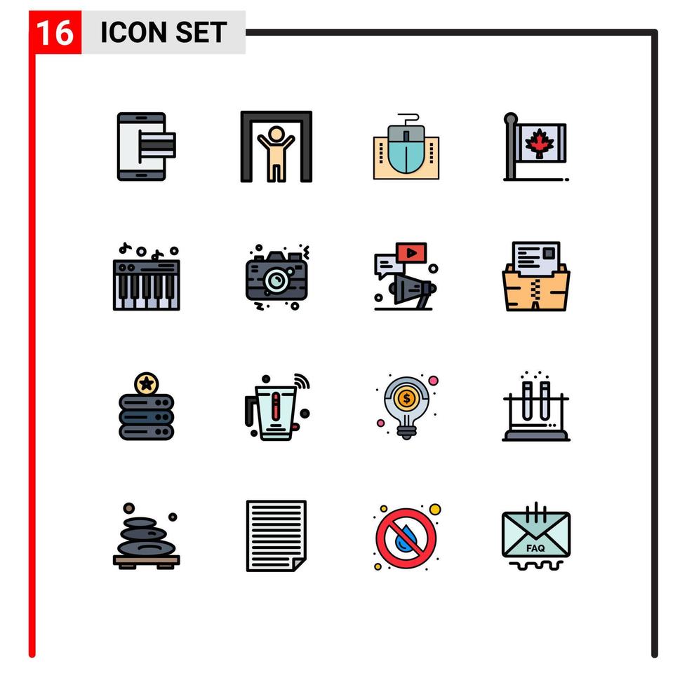 16 flache, farbgefüllte Linienkonzepte für mobile Websites und Apps Musikblatt Maus Kanada-Flagge editierbare kreative Vektordesign-Elemente vektor