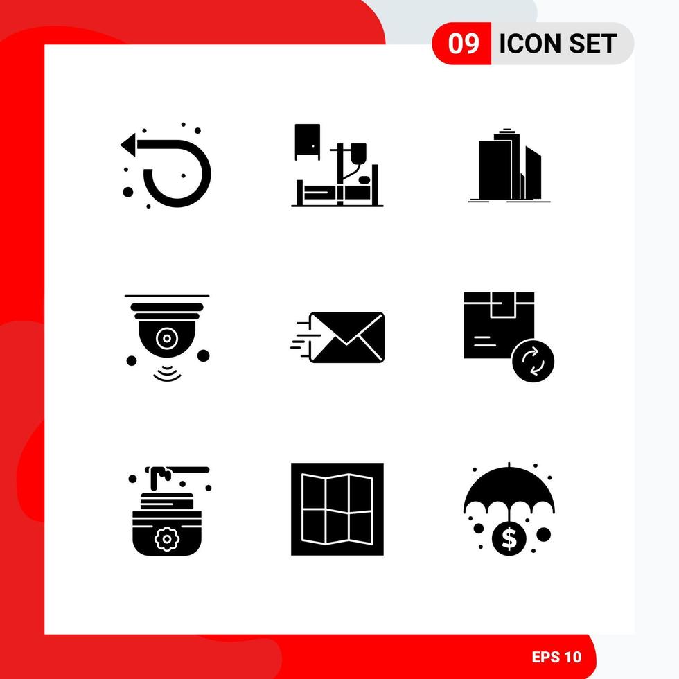 Packung mit 9 modernen soliden Glyphen Zeichen und Symbolen für Web-Printmedien wie IOT Internet Wolkenkratzer Kamera Büro editierbare Vektordesign-Elemente vektor