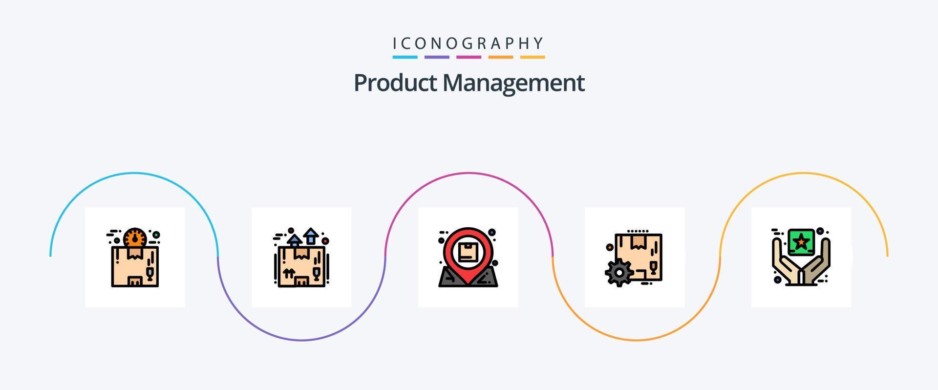 Produktmanagement-Linie gefülltes flaches 5-Icon-Paket einschließlich Ausrüstung. Kasten. Paket. Interaktion. essentiell vektor