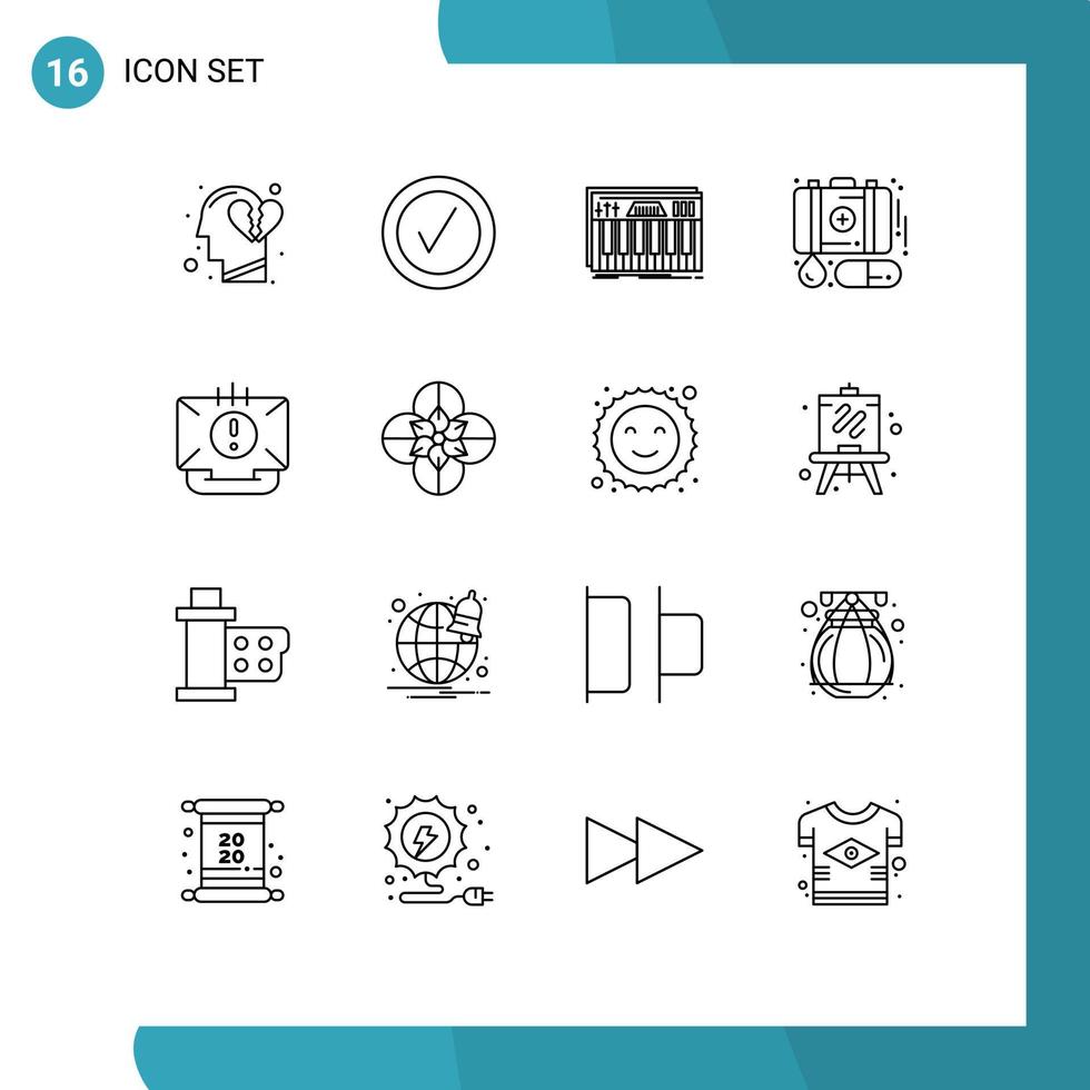 Piktogrammsatz mit 16 einfachen Umrissen von Kontaktmedizin-Tastatur-Erste-Hilfe-Fall editierbare Vektordesign-Elemente vektor
