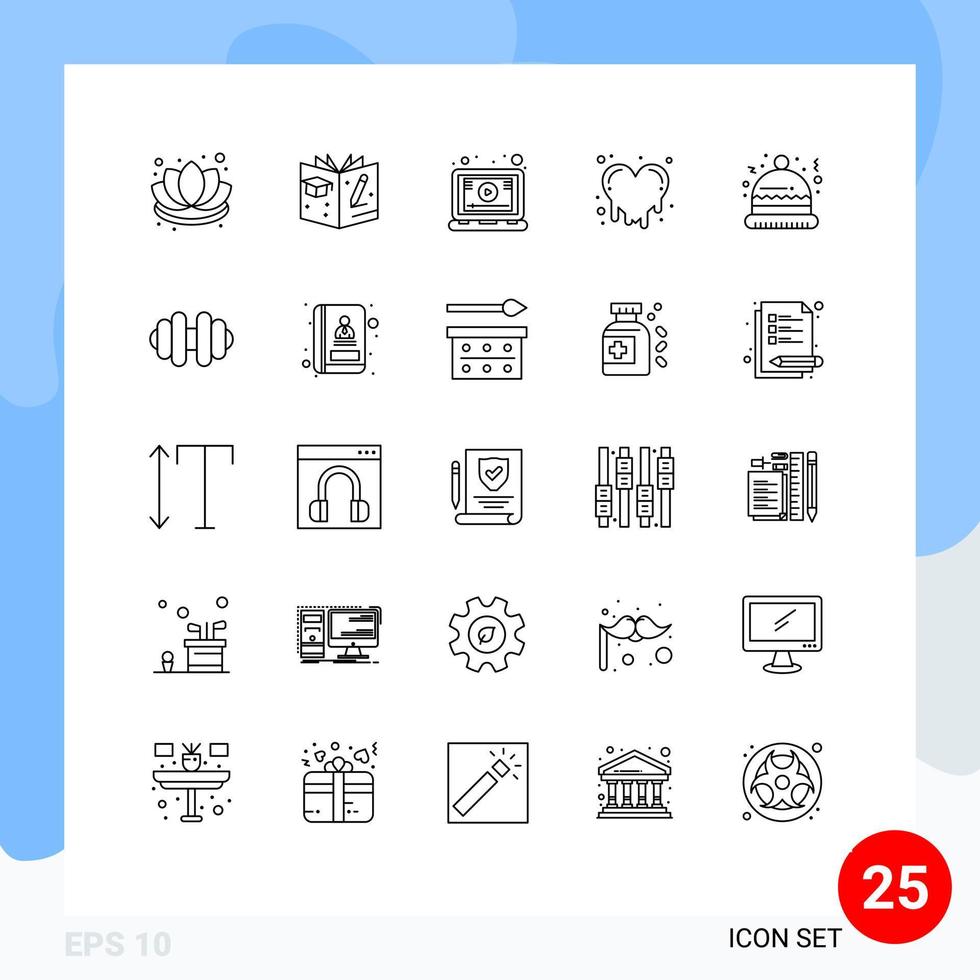 Linienpaket mit 25 universellen Symbolen für Hantelhut Online-Weihnachtsverrückte Liebe editierbare Vektordesign-Elemente vektor