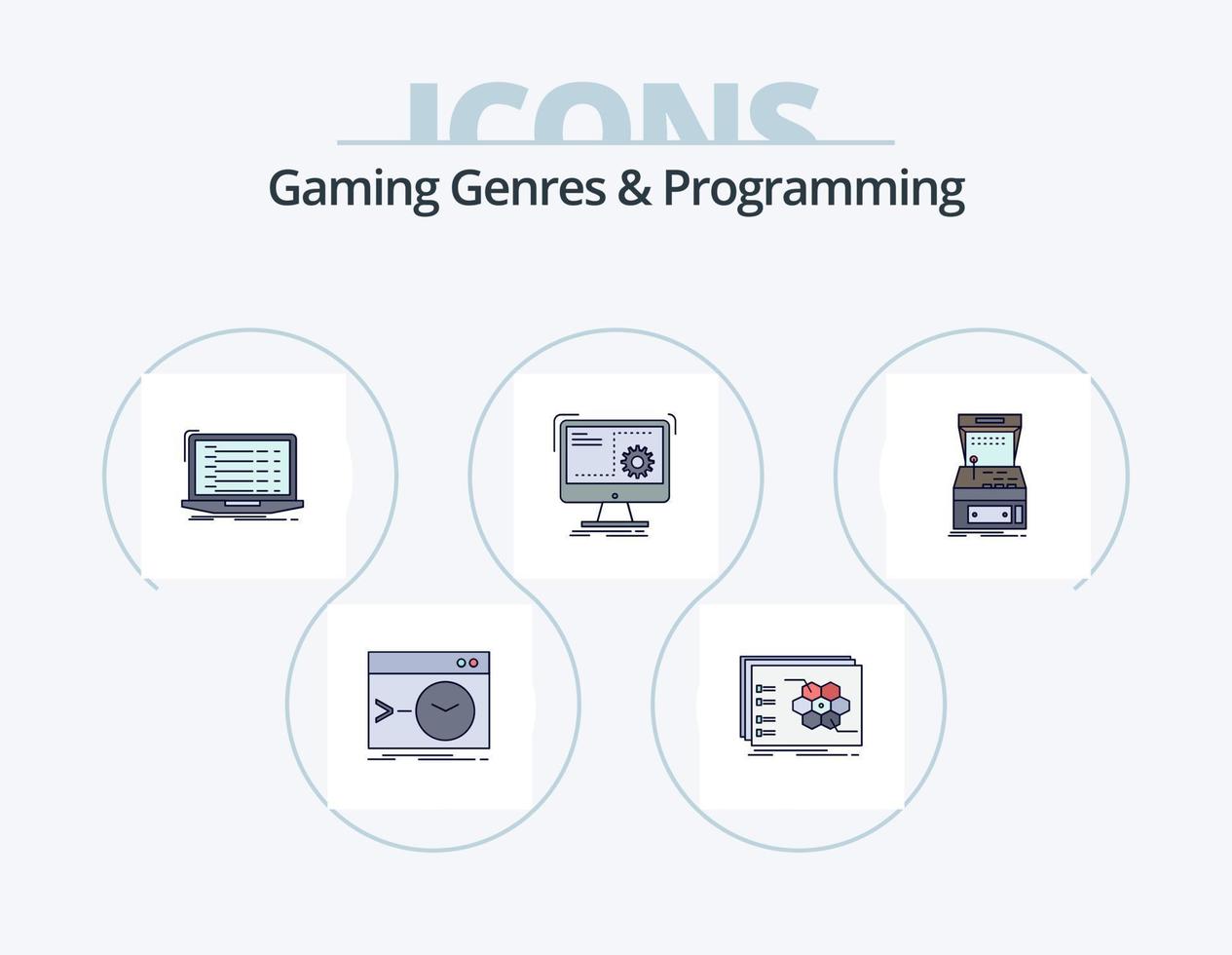 Gaming-Genres und Programmierzeile gefüllt Icon Pack 5 Icon Design. Zeichnung. Entwurf. Telefon. Wahrzeichen. Fort vektor