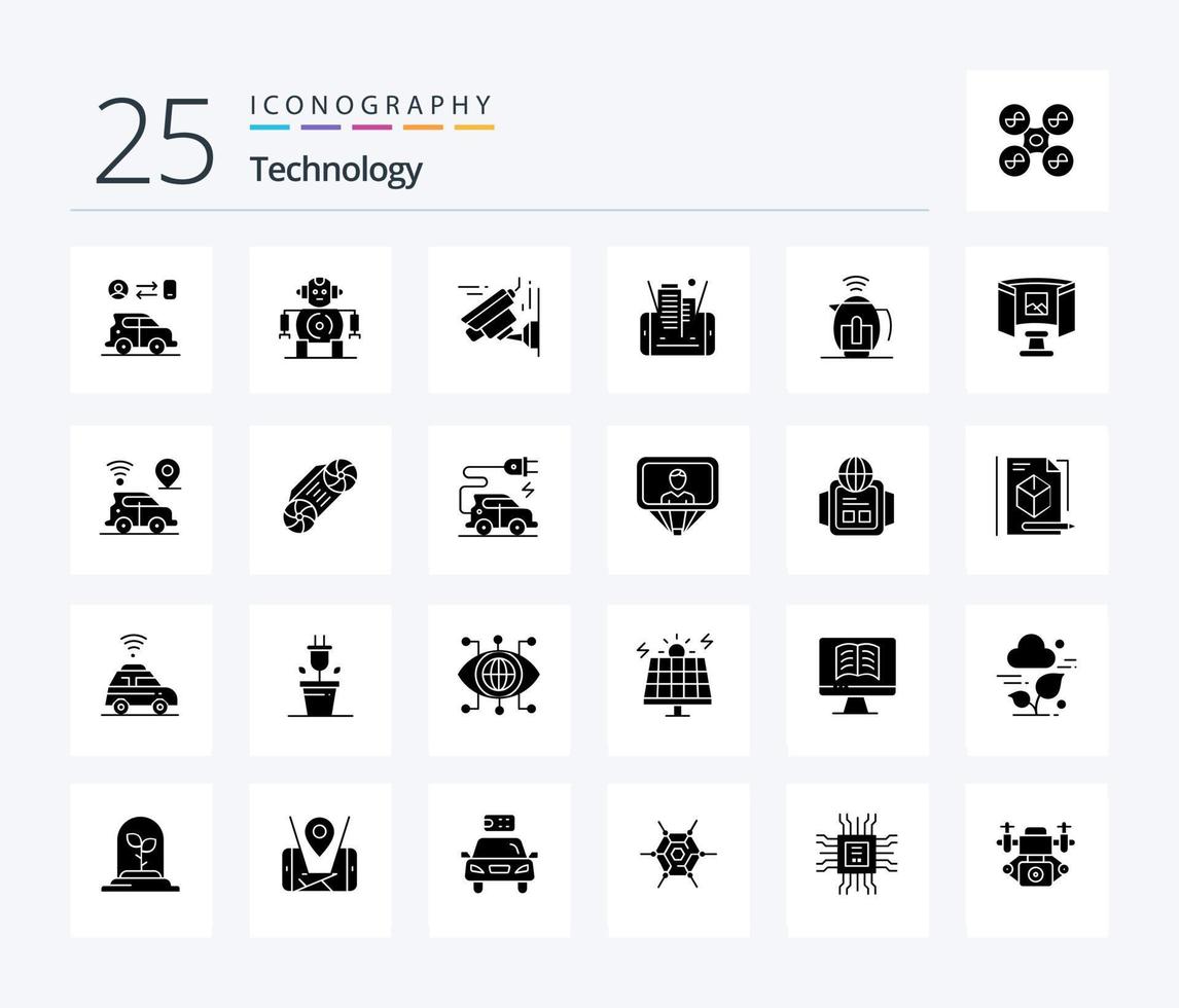 Technologie 25 solides Glyphen-Icon-Paket einschließlich Technologie. Topf. Bild. Tee. Technologie vektor