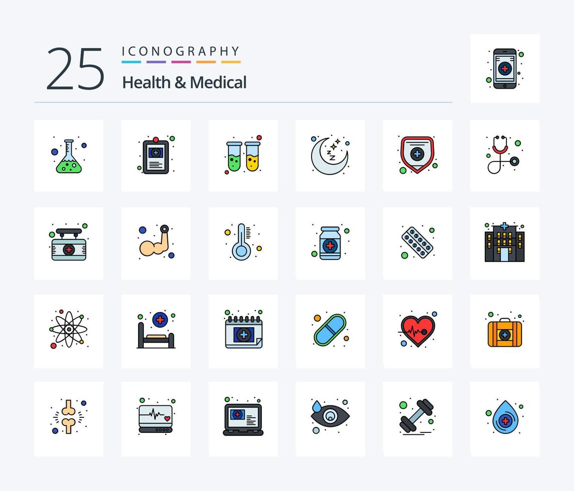 hälsa och medicinsk 25 linje fylld ikon packa Inklusive medicinsk försäkring. resten tid. blod. sova. måne vektor
