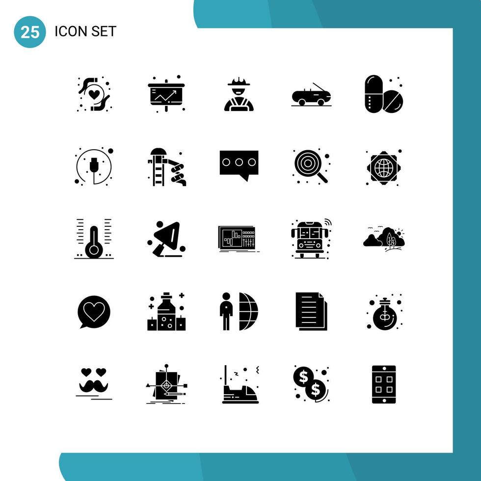 25 solides Glyphenkonzept für mobile Websites und Apps Hardware Medical Builder Krankenhausauto editierbare Vektordesign-Elemente vektor
